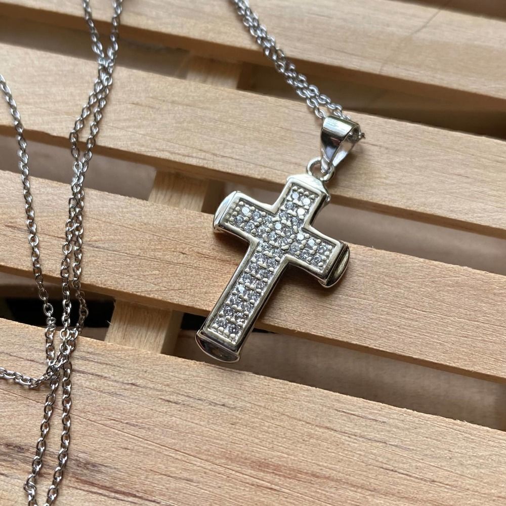 Sterling Silver Micro Pave Cz Cross Pendant On Stainless Steel Chain - Picture 3 of 6